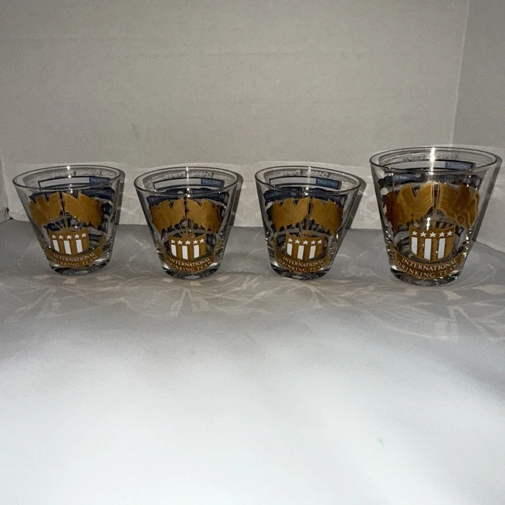 International Drinking Team Set Of Four Whiskey‎ /rocks Glasses , Gold Design